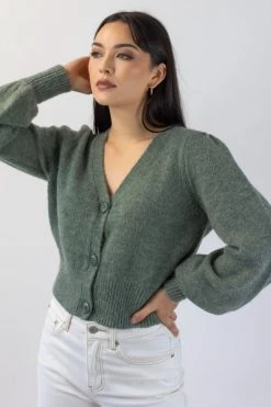 Among The Brave Spirited Soft Khaki Mohair Blend Balloon Sleeve Cropped Cardigan Knitwear