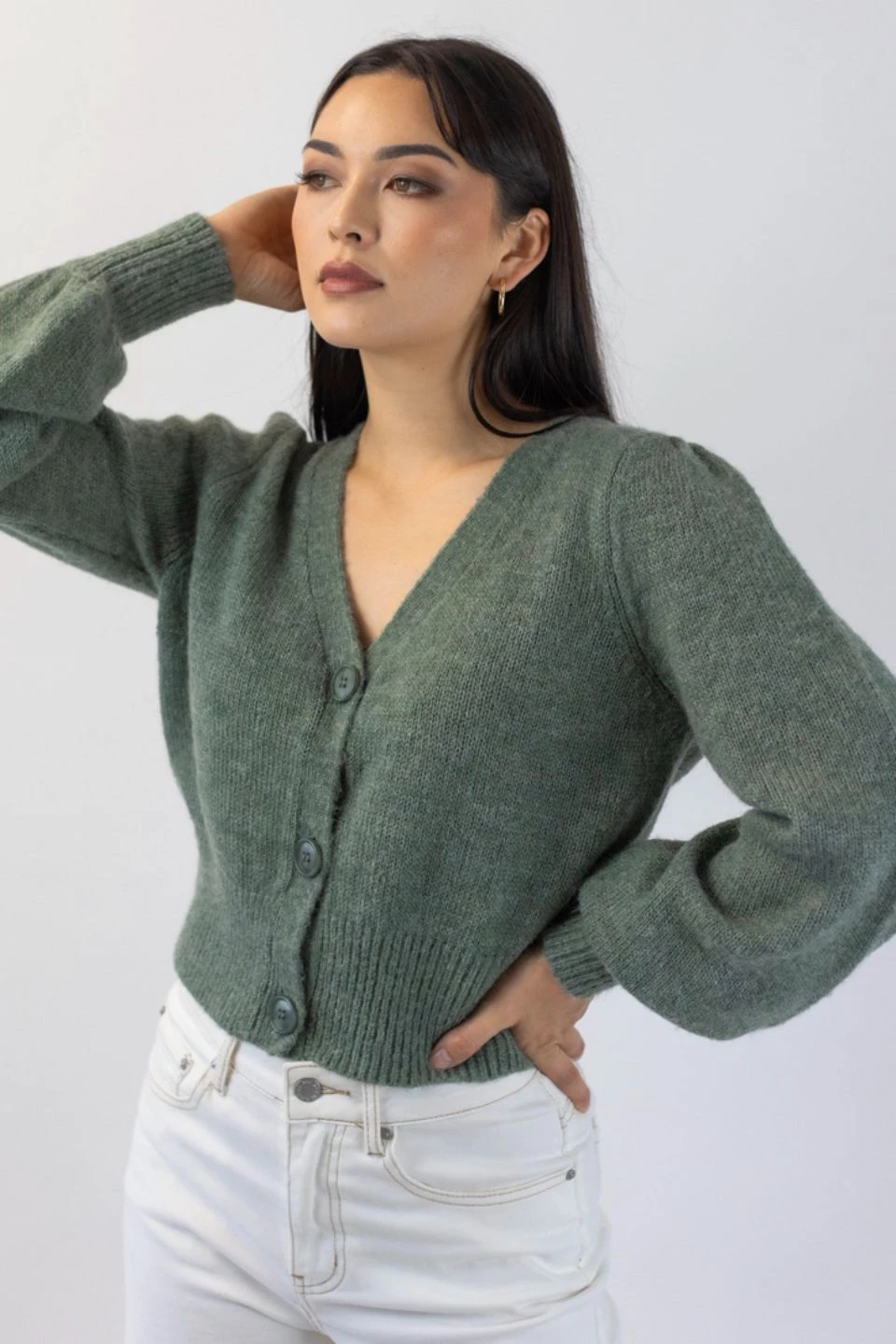 Among The Brave Spirited Soft Khaki Mohair Blend Balloon Sleeve Cropped Cardigan Knitwear