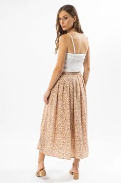 Leila + Luca Courageous Nude Floral Pleated Midi Skirt