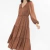 Seeking Lola Creative Rust Washer Satin V Neck Mid Sleeve Tiered Midi Dress New In