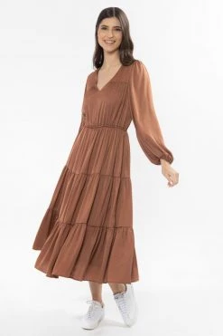 Seeking Lola Creative Rust Washer Satin V Neck Mid Sleeve Tiered Midi Dress New In