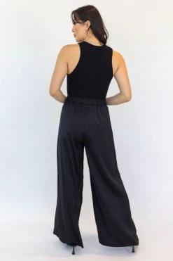 Among The Brave Super Luxe Black Elastic Waist Wide Leg Satin Pant New In