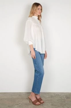 Esmaee New In Carmine White Shirred Neck Blouse