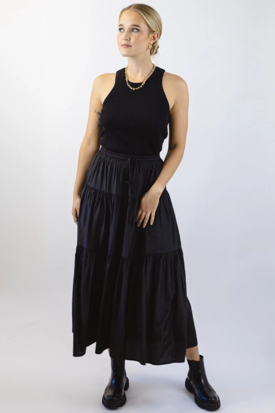 Among The Brave Skirts Sensational Black Tiered Satin Tie Waist Maxi Skirt
