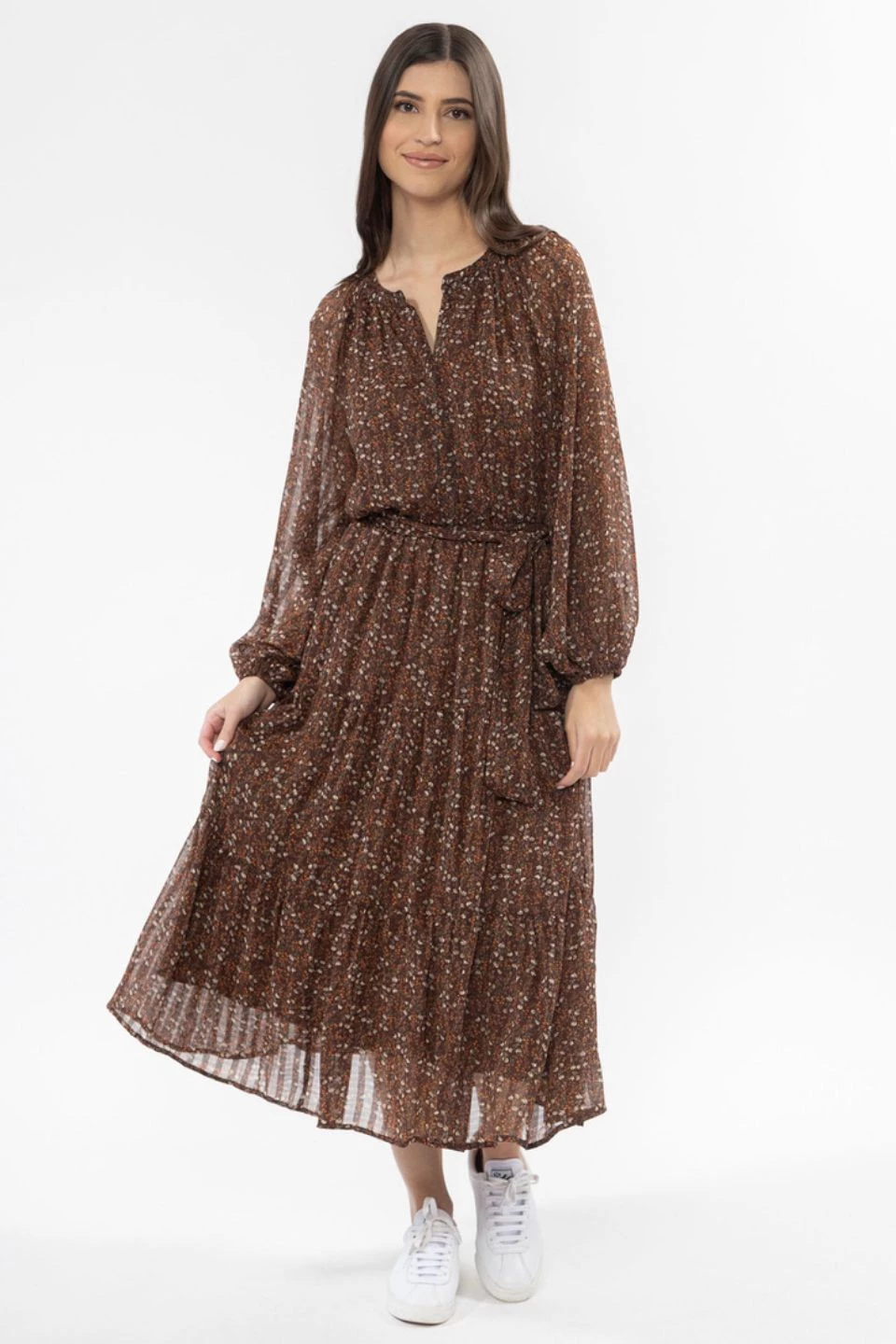 Billie The Label Vivacious Brown Floral Mid Sleeve V Neck Tiered Midi Dress New In