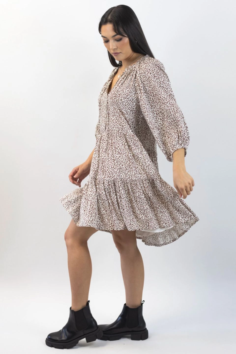 Among The Brave Gemini Chocolate Ditsy Animal Puff Mid Sleeve Button Front Tiered Mini Dress