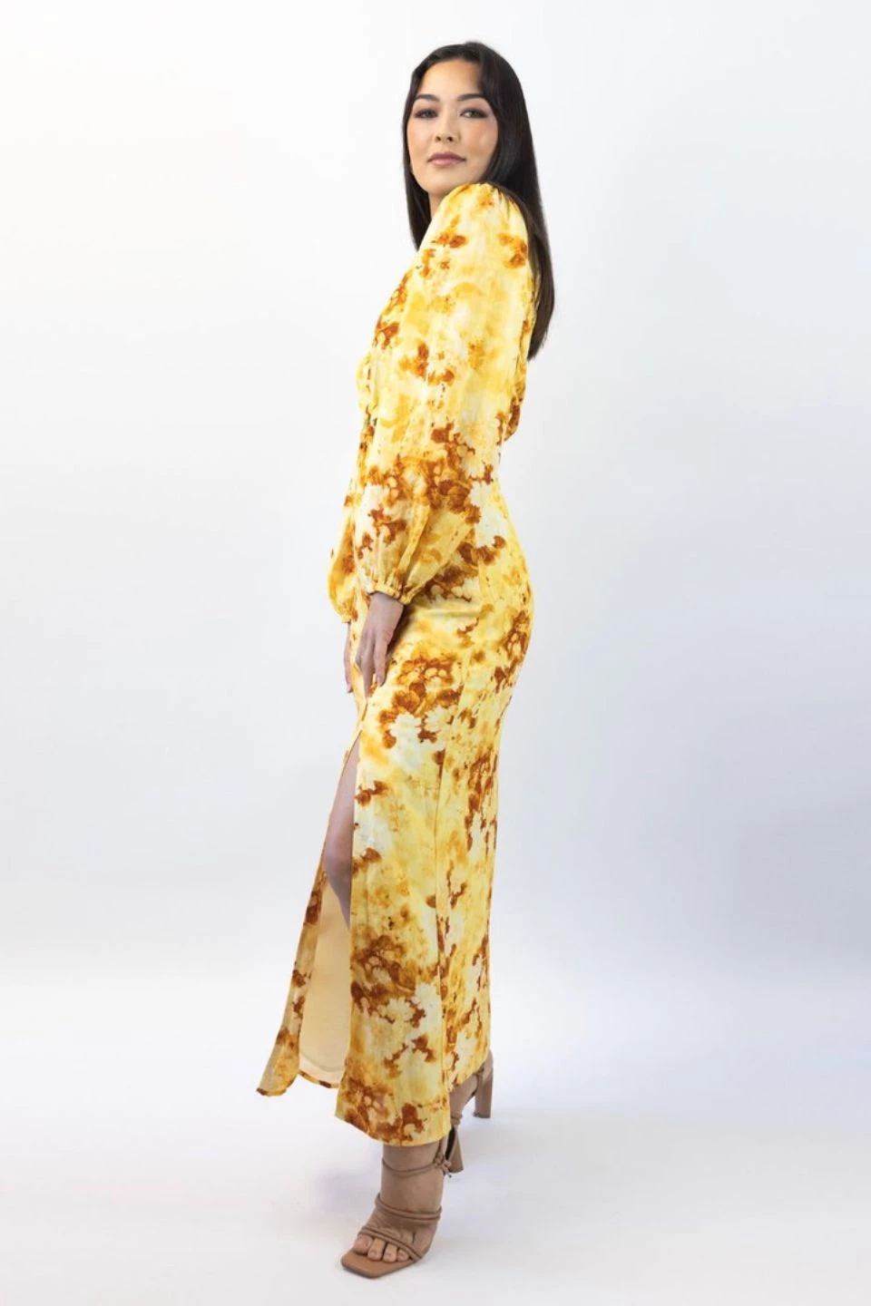 Ivy + Jack Dresses Skyler Marigold Floral LS V Neck Waist Cut Out Maxi Dress