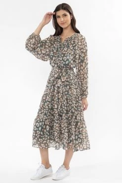 Billie The Label New In Vivacious Sage Stripe Floral Mid Sleeve V Neck Tiered Midi Dress