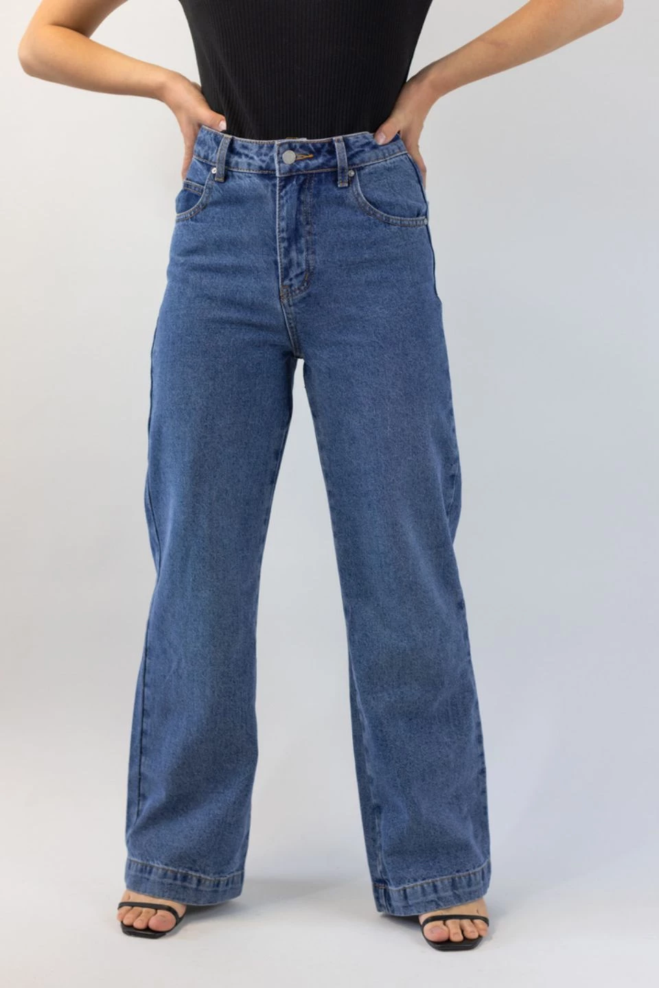 Among The Brave Sail Away Mid Blue Front Pocket Wide Leg Denim Jean