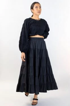 Ivy + Jack Olivia Black Shirred Waist Tiered Maxi Skirt New In