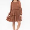 Seeking Lola New In Optimistic Rust Washer Satin Mid Sleeve Tiered Mini Dress