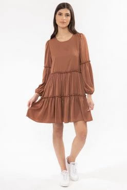 Seeking Lola New In Optimistic Rust Washer Satin Mid Sleeve Tiered Mini Dress