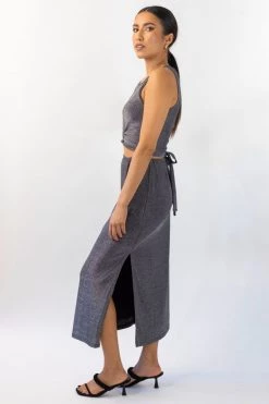 Among The Brave New In Interstellar Silver Shimmer High Split Midi Skirt