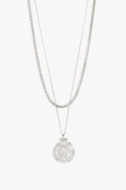 Pilgrim Nomad Double Chain Coin Pendant Necklace Silver Jewellery