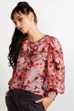 Drama The Label New In Asher Red Garnet Floral LS Blouse