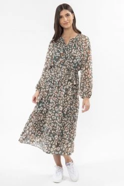 Billie The Label New In Vivacious Sage Stripe Floral Mid Sleeve V Neck Tiered Midi Dress