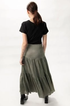 Among The Brave Skirts Blazing Moss Tiered Linen Midi Skirt