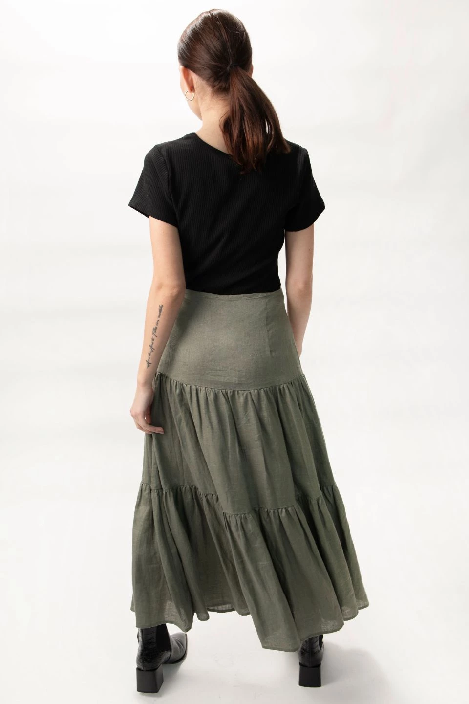 Among The Brave Skirts Blazing Moss Tiered Linen Midi Skirt