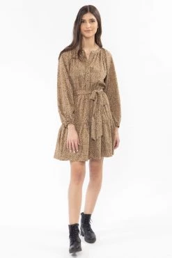 Seeking Lola New In Flourish Tan Animal Puff Sleeve V Neck Tiered Mini Dress