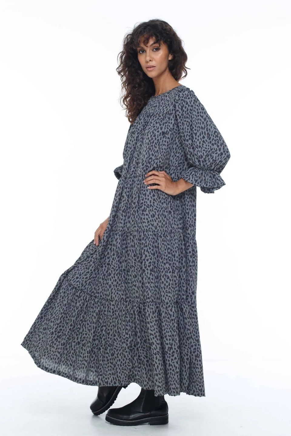 Blak Dresses Promise LS Tiered Grey Leopard Midi Dress