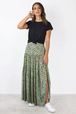 Among The Brave Skirts Playful Khaki Animal Elastic Back Tiered Maxi Skirt