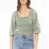 Seeking Lola Angelic Sea Green Linen Puff LS Shirred Bodice Top