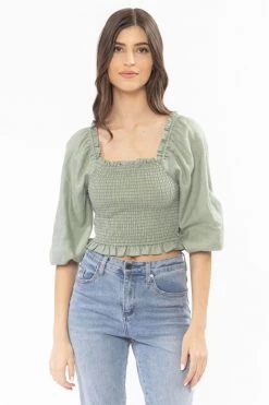 Seeking Lola Angelic Sea Green Linen Puff LS Shirred Bodice Top