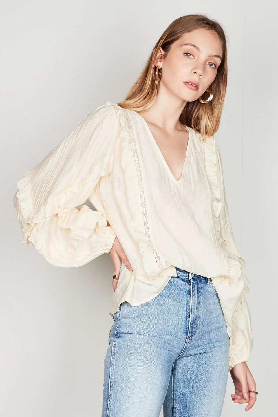 Esmaee Mystic Cream Lace Frill LS Blouse Tops & Tees