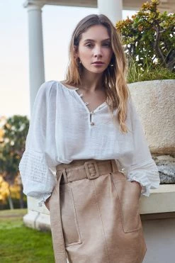 Esmaee Tops & Tees Anika Ivory Button Front LS Detail Blouse