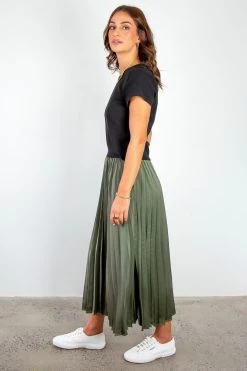 Ivy + Jack Radiant Khaki Washer Satin Pleated Midi Skirt Skirts