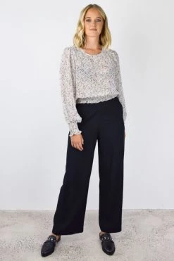 Among The Brave Pure Ivory Ditsy Botanic LS Georgette Puff Sleeve Shirred Hem Top Tops & Tees