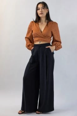 Ivy + Jack Eclipse Black Sandwashed Man Style Viscose Pleat Front Wide Leg Pant