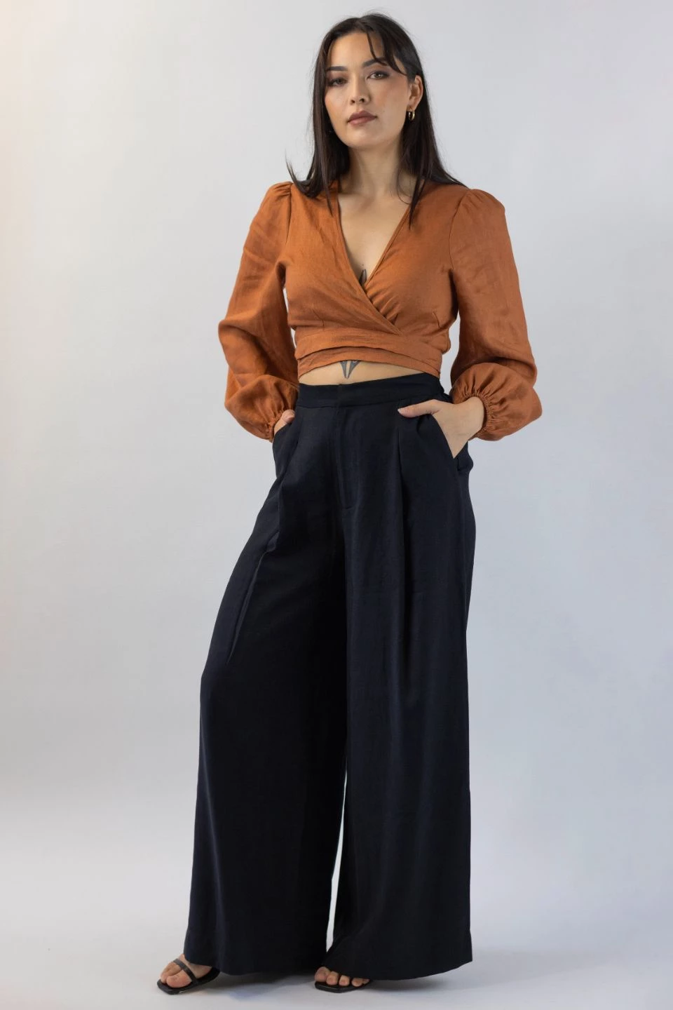Ivy + Jack Eclipse Black Sandwashed Man Style Viscose Pleat Front Wide Leg Pant
