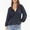 Leila + Luca Intuitive Navy Washer Satin V Neck Mid Sleeve Top