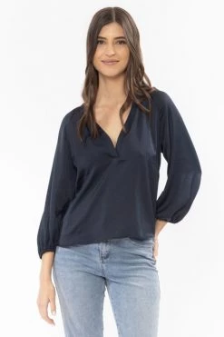 Leila + Luca Intuitive Navy Washer Satin V Neck Mid Sleeve Top