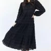 Ivy + Jack Gigi Black Shirred Cotton Blouson LS Tiered Maxi Dress New In