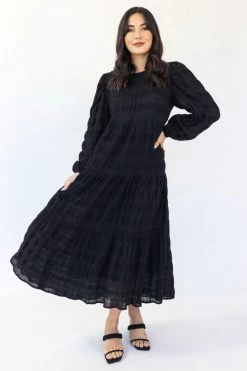 Ivy + Jack Gigi Black Shirred Cotton Blouson LS Tiered Maxi Dress New In
