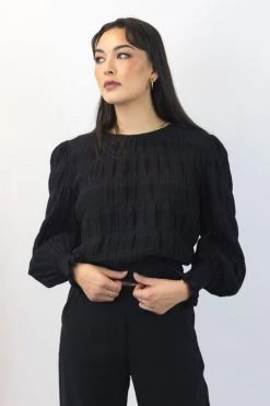 Ivy + Jack Grace Black Shirred Cotton LS Back Hem Tie Top