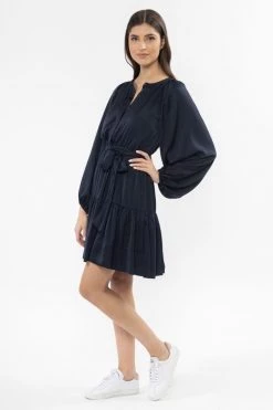 Seeking Lola Flourish Navy Washer Satin Puff Sleeve V Neck Tiered Mini Dress