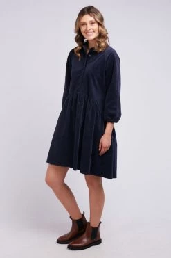 Foxwood Lula Fine Cord Navy LS Mini Dress