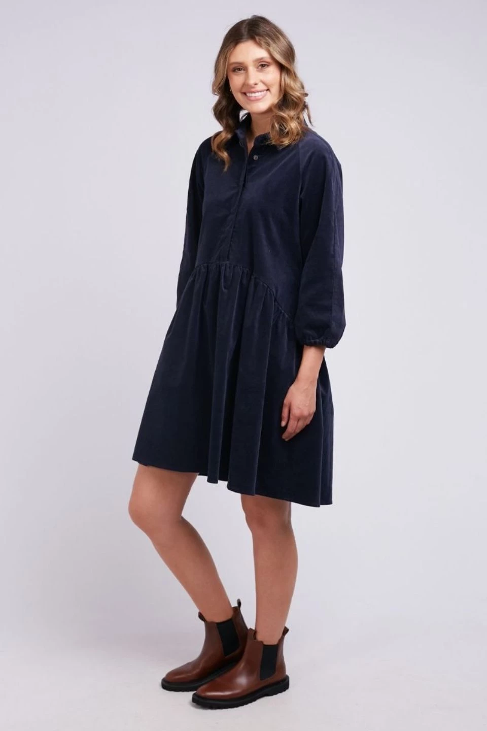Foxwood Lula Fine Cord Navy LS Mini Dress