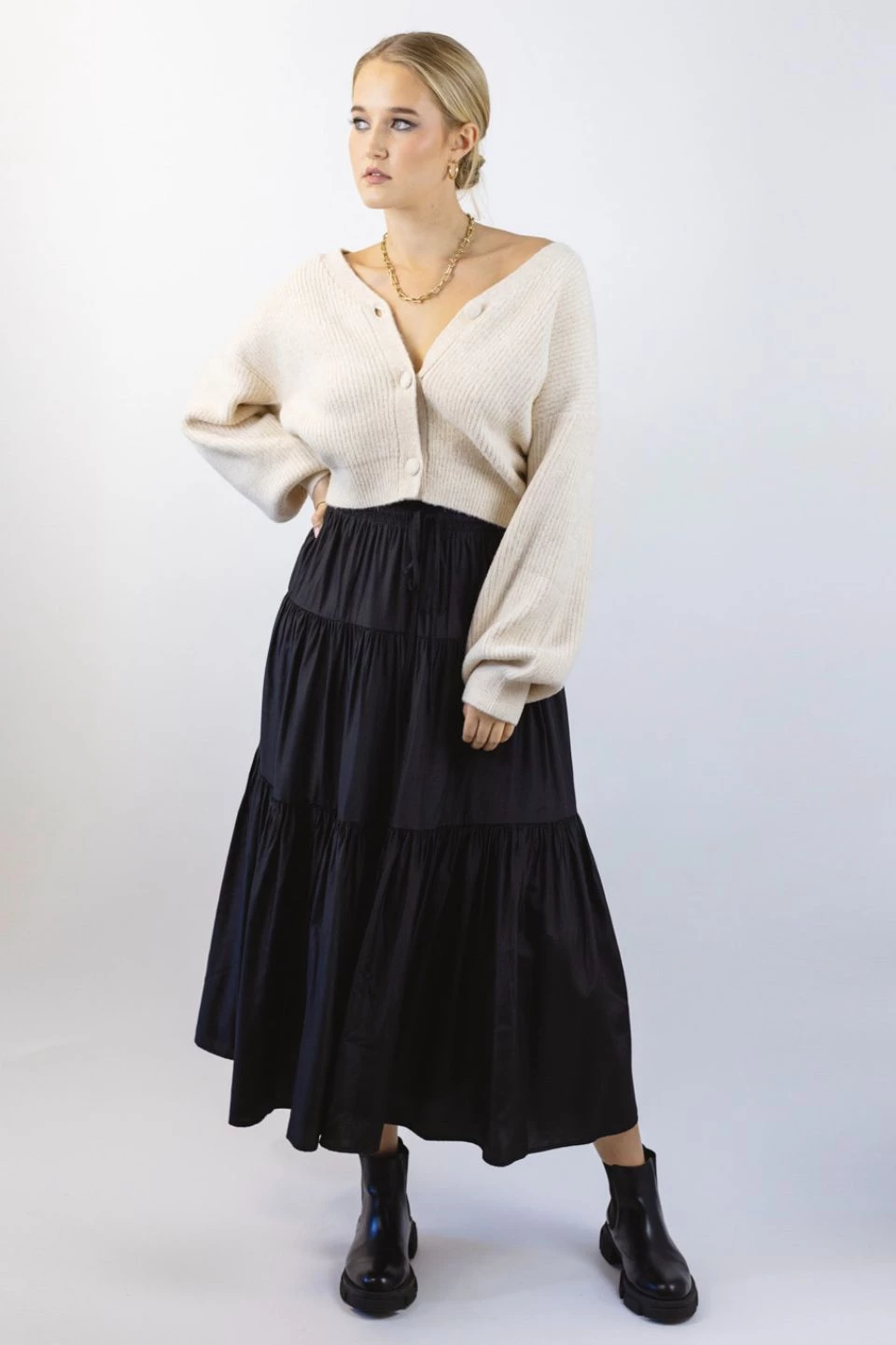 Among The Brave Skirts Sensational Black Tiered Satin Tie Waist Maxi Skirt