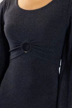 Among The Brave New In New Moon Black Shimmer LS Puff Sleeve Ring Midi Dress