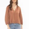 Leila + Luca Tops & Tees Intuitive Rust Washer Satin V Neck Mid Sleeve Top