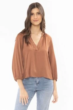 Leila + Luca Tops & Tees Intuitive Rust Washer Satin V Neck Mid Sleeve Top