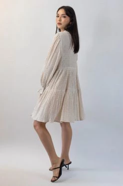 Ivy + Jack Billie Ecru Shirred LS Frill V Neck Tiered Mini Dress New In