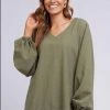 Elm Audrey Linen Blend Balloon Sleeve Khaki V Top