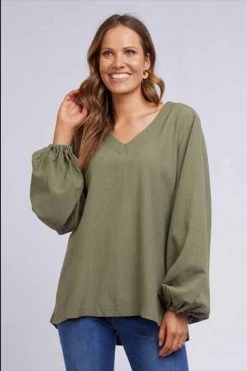 Elm Audrey Linen Blend Balloon Sleeve Khaki V Top