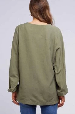 Elm Audrey Linen Blend Balloon Sleeve Khaki V Top