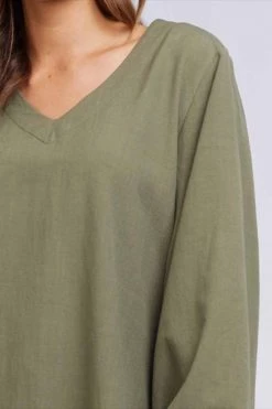 Elm Audrey Linen Blend Balloon Sleeve Khaki V Top